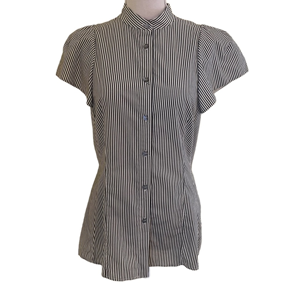 Lela Rose Pearl Black and White Striped Short Sleeve Blouse 6